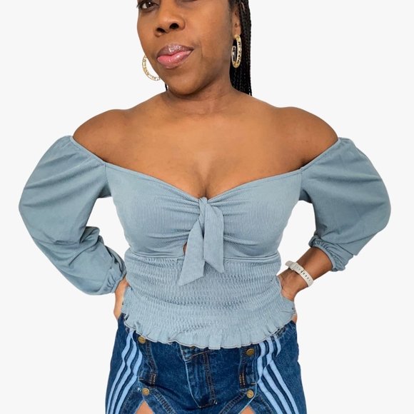 (NWT) Smocked Keyhole Off-Shoulder Top - Blue - Picture 1 of 4